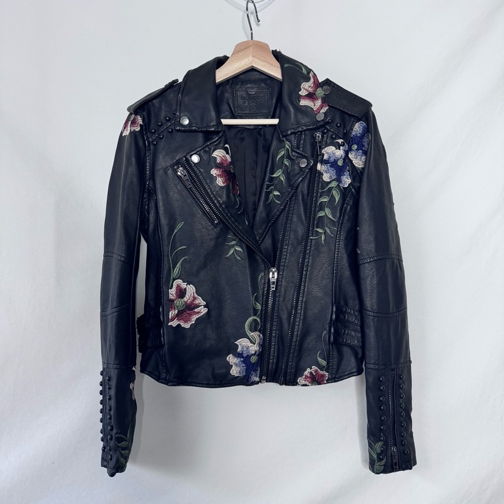 Blank NYC Floral Embroidered Moto Jacket Studded Black S